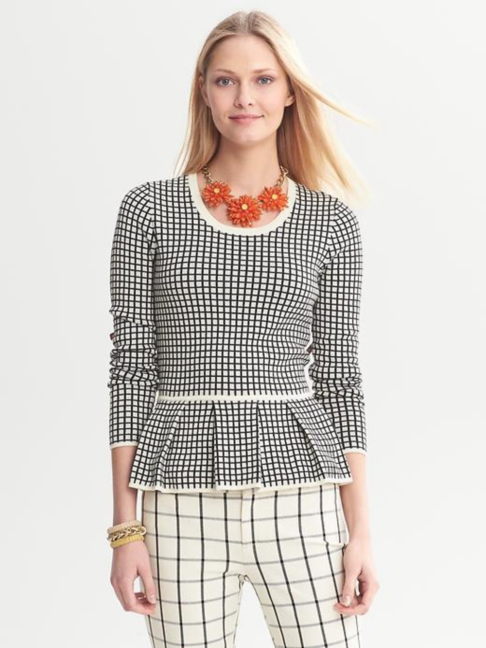Banana Republic Black and White Windowpane Peplum Sweater